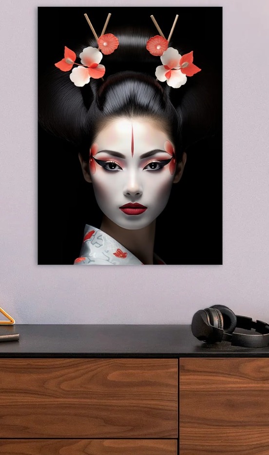 Geisha Portrait with Traditional Makeup — metal poster wall art by Lineer